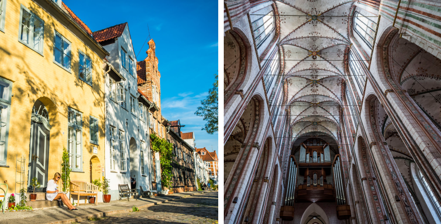 old town houses of Luebeck and nave of the church St. Marien